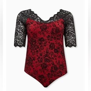 SHEER LACE AND FOXY V-NECK ELBOW SLEEVE BODYSUIT TORRID SZ 1